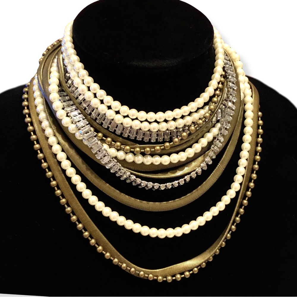 CHICO’s Lux Brass, Pearl & Channel-set Crystal Layered Statement Necklace NWT - Picture 9 of 9